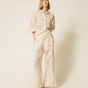Twinset Natural Muslin Trousers With Cornely Embroidery