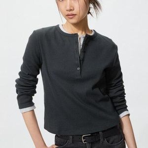 Uniqlo Black Ribbed Henley Neck Long Sleeve T-Shirt