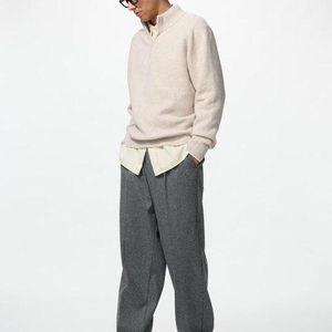 Uniqlo White Pleated Wide Trousers (Brushed Jersey, Herringbone, Longer) for men
