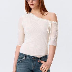 Monki White Asymmetric Off-Shoulder Three-Quarter Sleeve Top