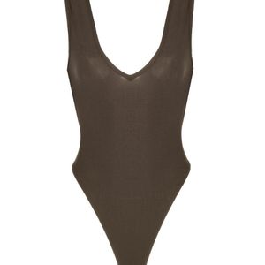 No'design Brown V-Neck Thick Strap Khaki Bodysuit