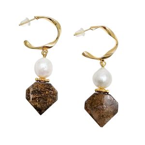 Farra Metallic Geometric Tiger-Eye Stone With Freshwater Pearls Earrings