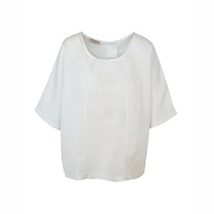 Haris Cotton White Round Neck Linen Blouse With Batwing Sleeve And Back Buttons