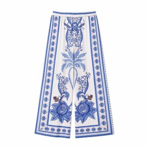 Yumi' Blue Satin Print Placement Relaxed Trousers