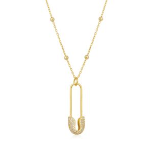 Spero London Metallic Pave Safety Pin Necklace Jewelled With Beaded Chain