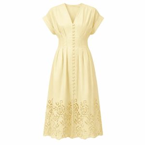 Exquise Yellow Emrick V Neck Short Sleeve Midi Dress