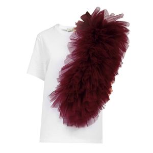 LIA ARAM Red Regular Tee With Asymmetric Tulle Panel