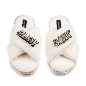 Laines London White Neutrals Laines Neutral Boucle Slippers With Classy Cunt Brooches