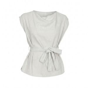 Modenaire Grey Draped Neck Top With Cap Sleeves And Self Tie Waist Detail