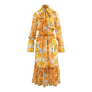 BLUZAT Metallic Maxi Dress With Orange Printed Flowers
