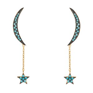 Latelita London Metallic Yellow Gold Plated Moon & Star Earrings With Turquoise Cubic Zirconia