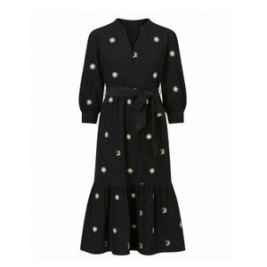 Yumi' Black Cosmic Embroidery Cord Midi Shirt Dress