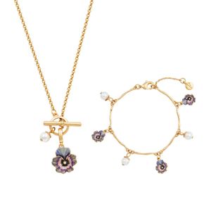 Fable England Metallic Pansy & Pearl Toggle Necklace & Charm Bracelet Set