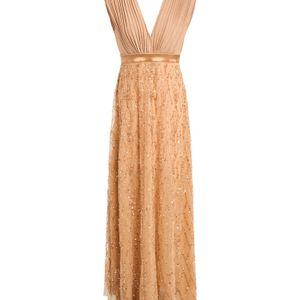 Elisabetta Franchi Natural Camel Maxi Dress Viscose, Polyester, Polyamide, Elastane, Glass