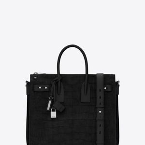 Saint Laurent Black Sac De Jour North/south In Crocodile-embossed Nubuck And Smooth Leather for men