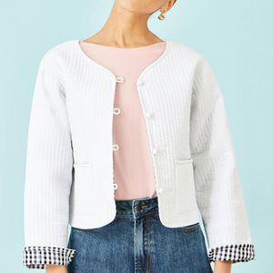 Yumi' White Gingham Reversible Cotton Quilted Cropped Jacket