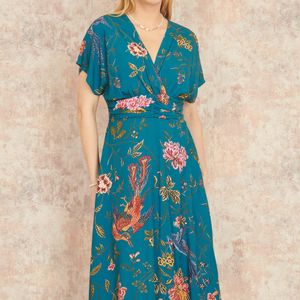 Yumi' Blue Bird And Floral Print Ruched Waist Kimono Midi Dress