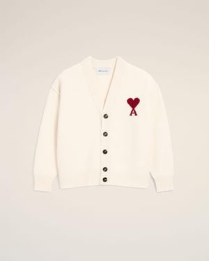 Ami Paris Natural Wool Cardigan With Contrasted Ami De Coeur