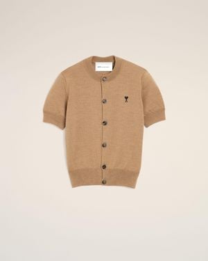 Ami Paris Wool Short-Sleeve Cardigan With Ami De Coeur - Natural