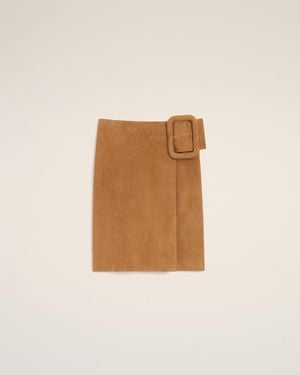 Ami Paris Goat Leather Big Buckle Belted Midi Skirt - Natural