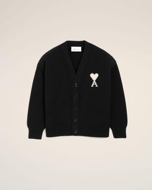 Ami Paris Wool Cardigan With Ami De Coeur - Black