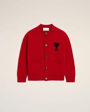Ami Paris Crewneck Wool Cardigan With Ami De Coeur - Red