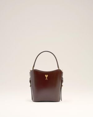 Ami Paris Burgundy Glazed Leather Mini Paris Paris Bucket Bag - Natural