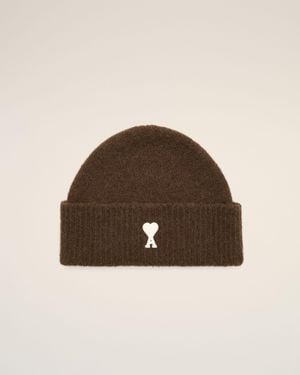 Ami Paris Alpaca Beanie With Ami De Coeur - Brown