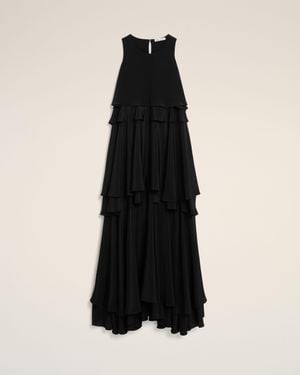Ami Paris Blended Silk Long Dress With Ruffles - Black