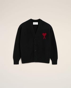 Ami Paris Wool Cardigan With Contrasted Ami De Coeur - Black