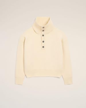Ami Paris High Buttoned Collar Wool Sweater - Natural