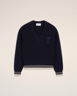Ami Paris Wool Ribbed V Neck Jumper - Blue