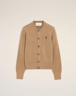 Ami Paris Crewneck Wool Cardigan With Ami De Coeur - Natural