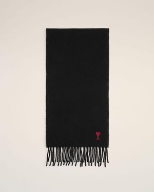 Ami Paris Wool Scarf With Ami De Coeur - Black