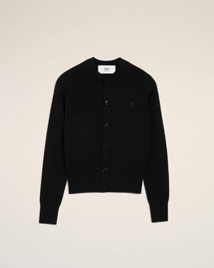 Ami Paris Crewneck Wool Cardigan With Ami De Coeur - Black