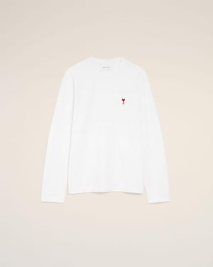 Ami Paris Cotton Longsleeves T-Shirt With Ami De Coeur - Natural