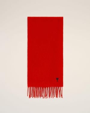 Ami Paris Wool Scarf With Ami De Coeur - Red