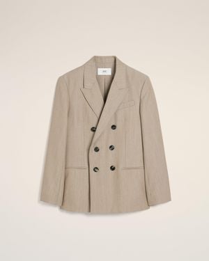 Ami Paris Wool Back Slit Double Breasted Jacket - Natural