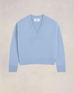 Ami Paris Cropped V Neck Jumper - Blue