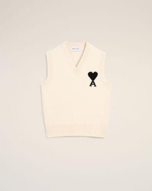 Ami Paris Sleeveless Wool Sweater With Ami De Coeur - Natural