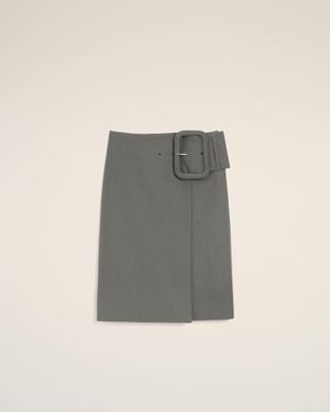 Ami Paris New Wool Big Buckle Belted Midi Skirt - Gray