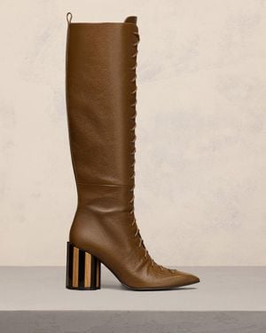 Ami Paris Pointed Toe Lace-Up Knee High Boots - Brown