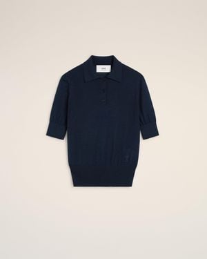 Ami Paris Wool Silk Tonal Ami De Coeur Polo - Blue