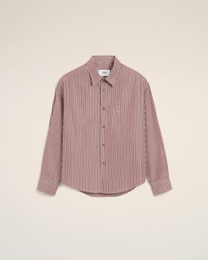 Ami Paris Burgundy Cotton Embossed Ami De Coeur Striped Boxy Shirt - Pink