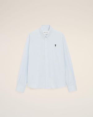 Ami Paris Stripped Cotton Shirt With Ami De Coeur - Blue