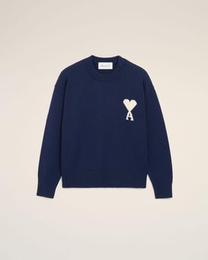 Ami Paris Wool And Cotton Crewneck Ami De Coeur Jumper - Blue