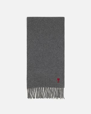 Ami Paris Wool Scarf With Ami De Coeur - Grey