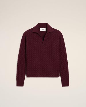Ami Paris Burgundy Wool Cables Knit Polo - Red