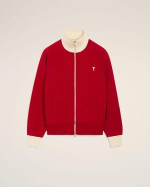 Ami Paris Sweatshirt Zippé Rouge En Coton Ami De Coeur Rouge Rubis & Ivoire