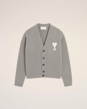Ami Paris Cardigan Gris En Alpaga Ami De Coeur Gris Cendre & Ecru